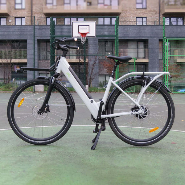A Carr-e e-bike parked on a basketball court, ideal for CYCL light delivery fleets.