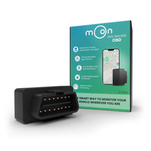 Image of the CYCL GPS Tracker OBD device and its packaging. The black, rectangular device comes with connectors, making it perfect for vehicle tracking. The packaging showcases key features such as subscription details, live location tracking, journey history, and free service options.