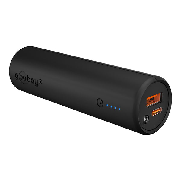 A cylindrical black 5000 mAh Bike Power Bank with "CYCL" branding, featuring USB-A and USB-C ports, a power button, four LED indicators, and Quick Charge technology.