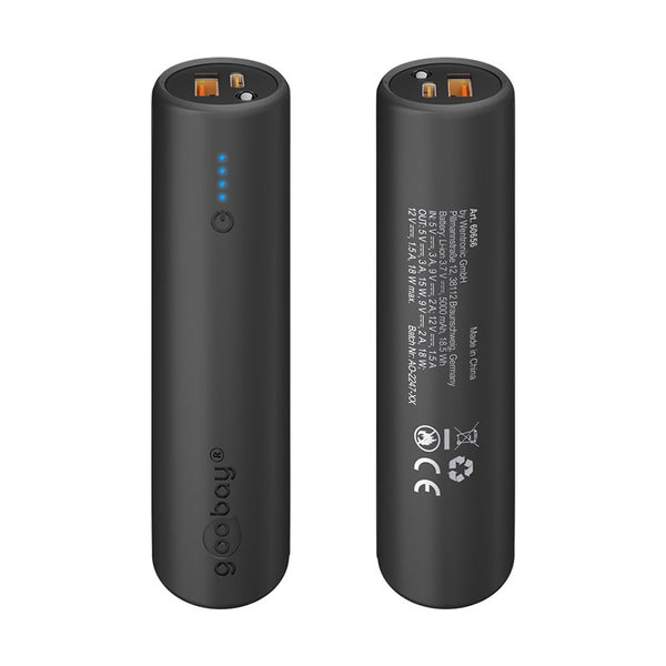 Two cylindrical black Bike Power Bank batteries displayed vertically; one shows LED indicators, while the other displays specifications. These power banks by CYCL feature Quick Charge technology for efficient recharging.