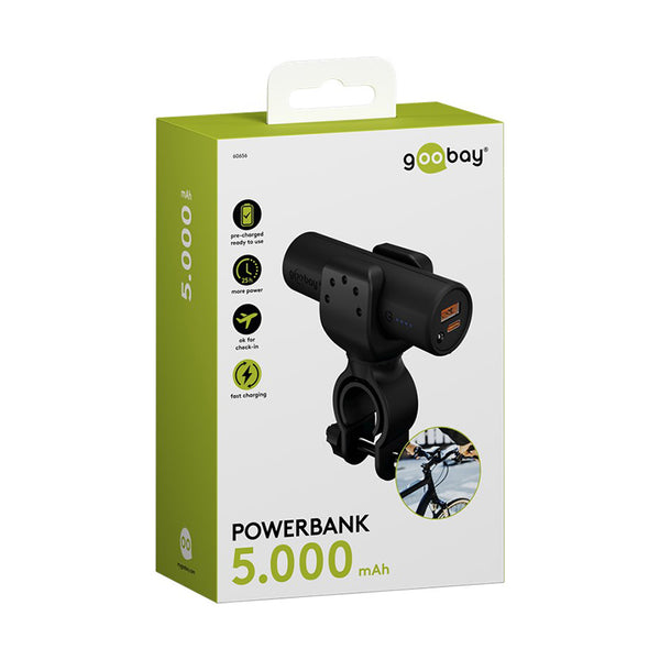 A CYCL Bike Power Bank in its packaging, featuring a handlebar mount, LED light, and USB port. Promoted as ideal for travel with Quick Charge technology that offers fast charging capabilities.