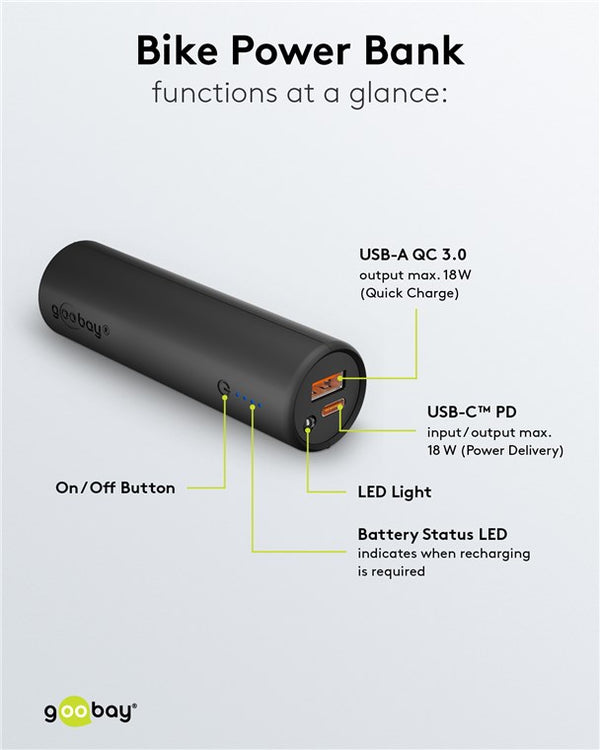 Image of a black cylindrical Bike Power Bank by CYCL with labelled features: USB-A QC 3.0 port, USB-C™ PD port, LED light, battery status LED, on/off button. Functions include Quick Charge technology and power delivery. Perfect for handlebar mount use during rides.