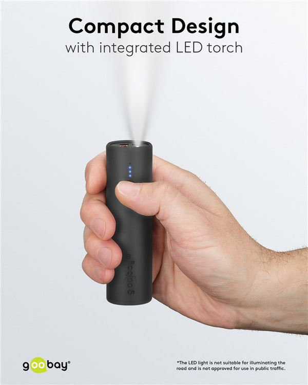 A hand holding a small, cylindrical black device with a built-in LED torch. Text above reads, "Compact Design with integrated LED torch and Power Bank capabilities." The brand logo "CYCL" is at the bottom left.