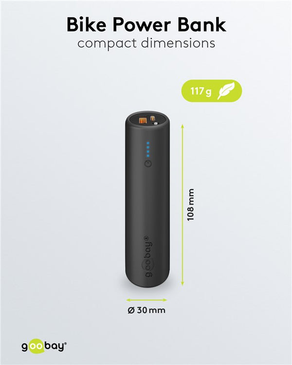 Image of a black cylindrical Bike Power Bank by CYCL with compact dimensions, featuring Quick Charge technology. It measures 108 mm in height and 30 mm in diameter, weighs 117 grams, and is designed for easy handlebar mounting.