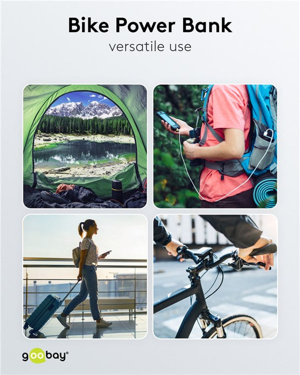 A collage showing a tent near a mountain lake, a person using a power bank while hiking, a traveler with luggage, and someone charging a bike with the Bike Power Bank. Text: "CYCL Bike Power Bank versatile use.