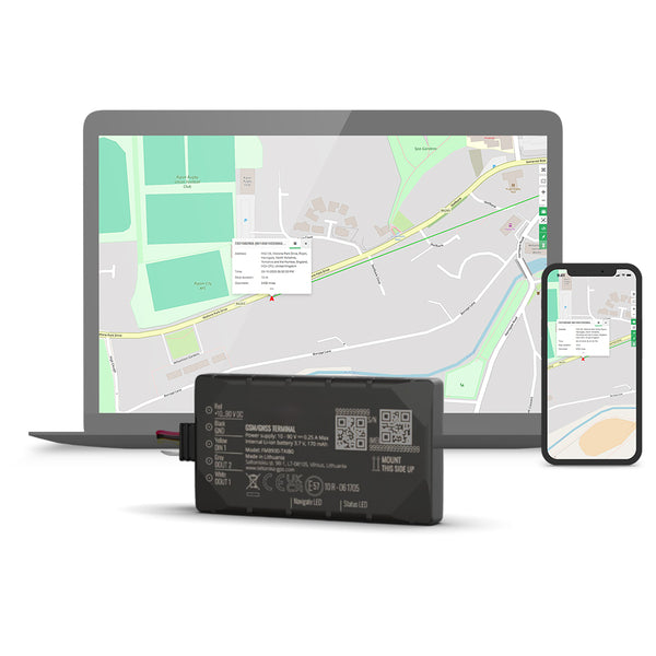 A laptop and smartphone display a map with a location marked. A black GPS Tracker e-Bike from CYCL is placed in front of the laptop.