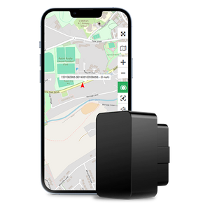 A smartphone displaying a map with a red arrow and GIS coordinates sits beside the CYCL GPS Tracker OBD, equipped with a SIM card for seamless vehicle tracking.