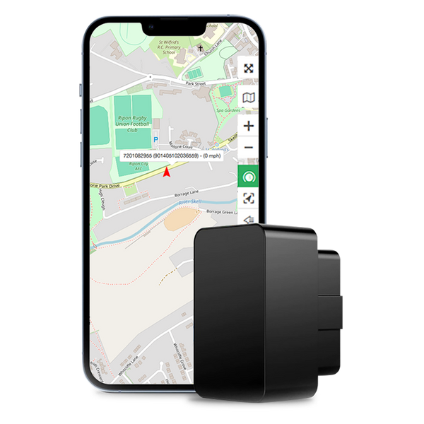 A smartphone displaying a map with a red arrow and GIS coordinates sits beside the CYCL GPS Tracker OBD, equipped with a SIM card for seamless vehicle tracking.